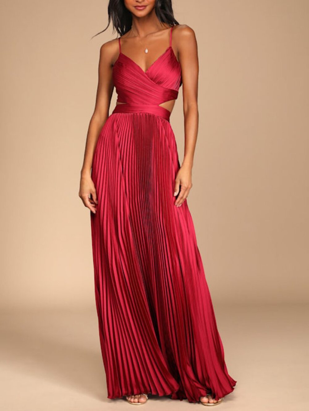Lulus Got The Glam Wine Red Pleated Cutout Maxi Dress - Size XS